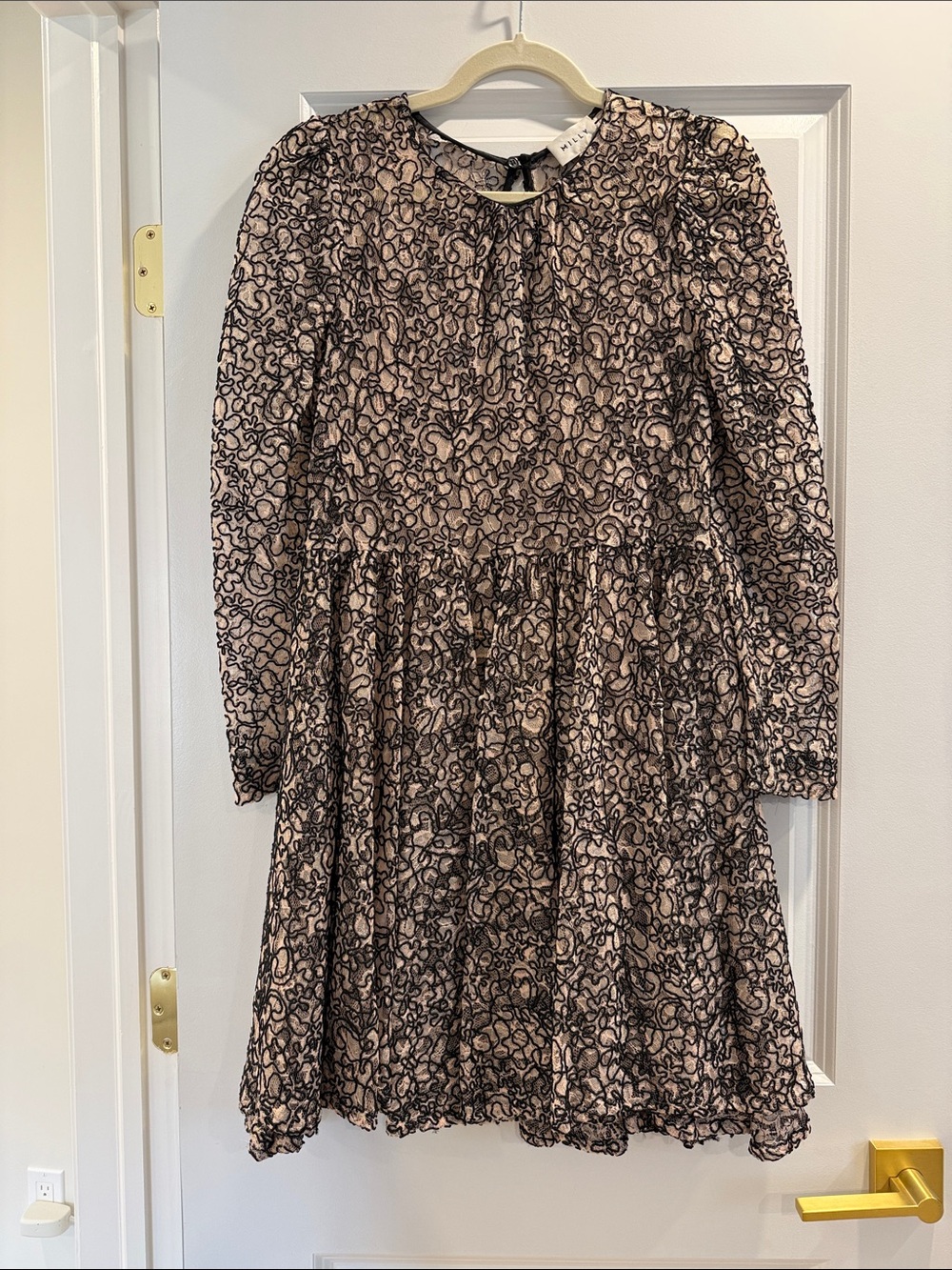 Milly Black Lace-Overlay Blush Pink Long-Sleeve Dress
